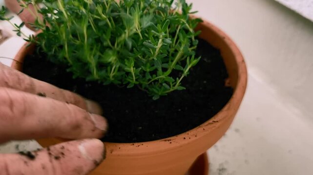 Close up of a gardener's hands carefully potting a fresh thyme plant into a terracotta pot, gently pressing the dark soil around its roots