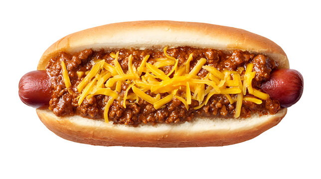 Chili dog with beef chili and shredded cheddar cheese in a soft bun, isolated on white background, classic American fast food.