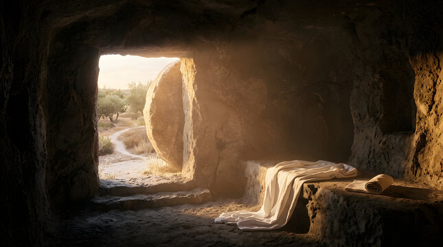 The empty tomb with a stone rolled away and a beam of light shining in, symbolizing hope and resurrection in a serene landscape