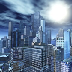 Fototapeta premium Beautiful modern city in the sun against a backdrop of clouds, cityscape in the evening, skyscrapers at sunset, 3D rendering