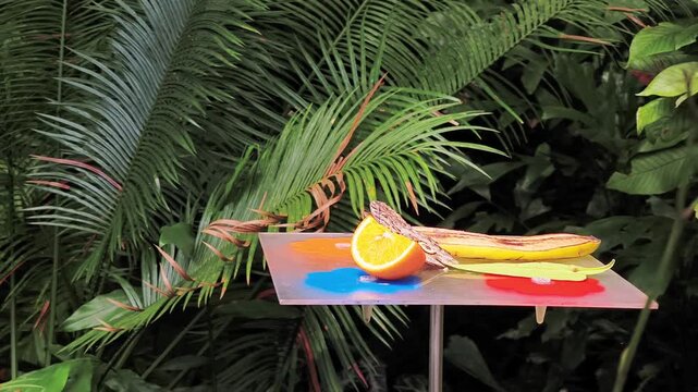 Owl butterfly with prominent eyespots on its wings feeding on a juicy orange slice and a banana on a colorful platform in a lush green jungle in botanical garden