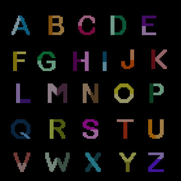  Colorful cross-stitch alphabet set, embroidered A-Z letters on black background, pixel art typography for craft and DIY designs.