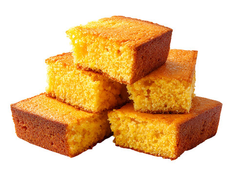 Golden cornbread squares stacked, soft and moist crumb with crispy edges, isolated on white background, classic American baked comfort food.