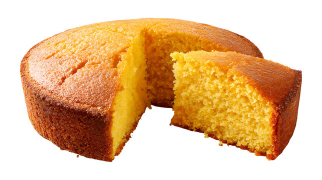 Round cornbread loaf with a slice cut out, golden crust and moist crumb, isolated on white background, classic American baked comfort food.
