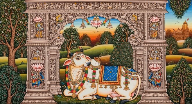 Sacred Cow Adorned with Ornate Decorations in a Temple Setting.