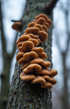 Cluster of orange shelf fungi grows on rough tree trunk. Mushrooms sprout from bark on blurred background of forest. Natural growth on wood with bokeh effect.