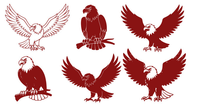 A collection of six red eagle silhouettes in various poses on a black background, featuring different styles of vector graphic illustrations of eagles.