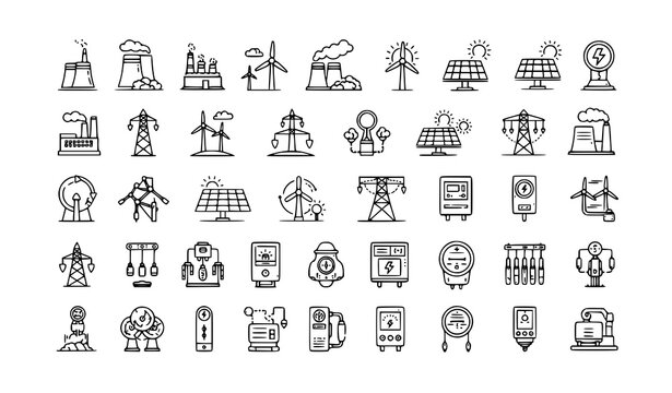 Electricity infrastructure outline icon set vector with power plant solar wind energy grid editable stroke design