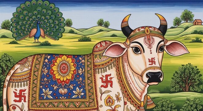 Sacred Cow adorned with traditional Indian art and symbols in a pastoral landscape.