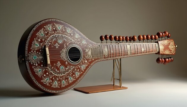 Ornate Indian sitar musical instrument displayed on stand. Intricate floral and peacock feather patterns adorn brown wood. This traditional stringed guitar is a piece of art.