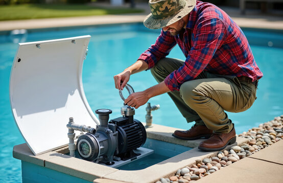 Man in hat and checkered shirt works on pool pump near water. Technician checks pump system components by pool edge, performs equipment check. Skilled worker repairs water circulation device.