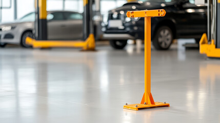 Fototapeta premium Bright orange jack stand on concrete floor in modern auto repair shop, industrial and sturdy tool