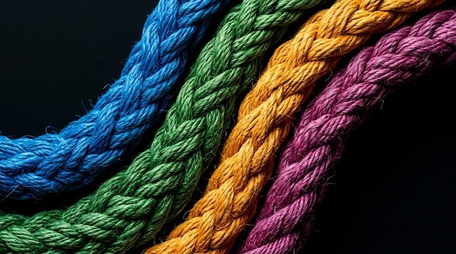 Ropes of varying colors are arranged in parallel curved lines against a pitch black background to showcase vibrant textures and the strength of braided natural fibers for nautical themes.