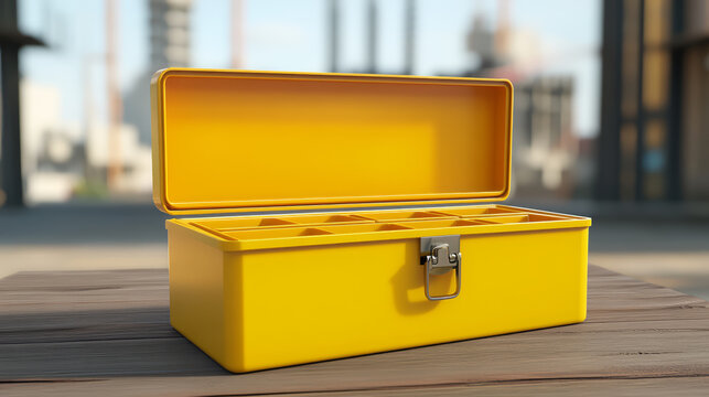 Bright yellow toolbox with open compartments sits on wooden table outdoors, industrial background