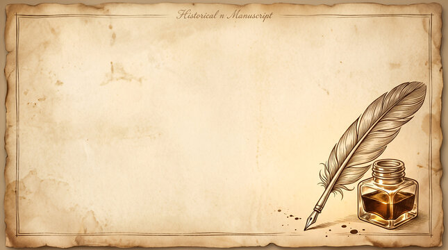 Historical parchment manuscript background with vintage quill pen and inkwell