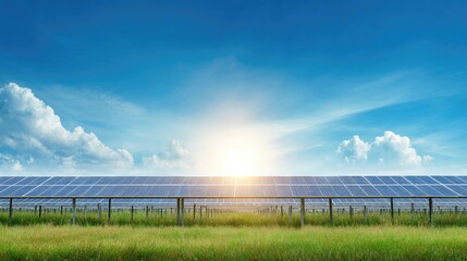 Fototapeta premium Expansive Solar Panel Farm Under Bright Sunlight with Clear Blue Sky and Clouds in a Green Field Environment