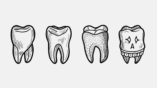 A hand-drawn illustration of four teeth, each exhibiting distinct characteristics and conditions