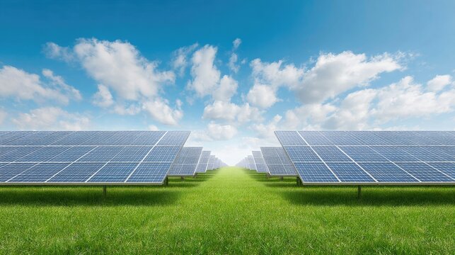 Expansive Solar Panel Farm Under Bright Blue Sky with Fluffy Clouds and Lush Green Grass