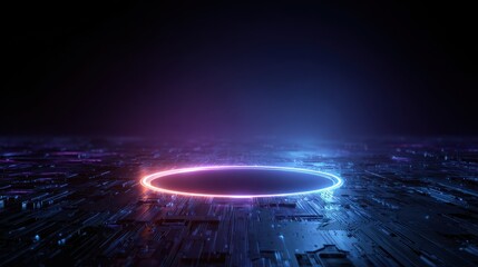 Obraz premium premium Futuristic Glowing Neon Ring on Dark Digital Circuit Board Background background