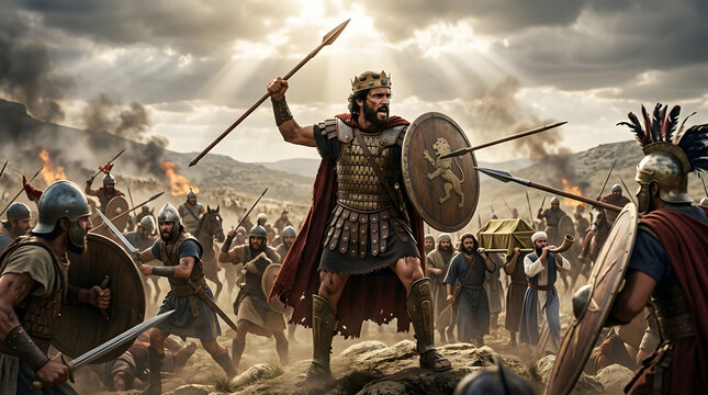 Ancient warrior king leads his army into epic battle with sword and shield in a dramatic landscape