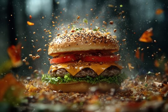 Flying ingredients create a dynamic burger composition in Hamburg's conceptual photography showcase during the golden hour light