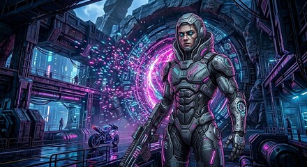 Fototapeta premium Futuristic Cybernetic Soldier Standing Before a Neon Portal