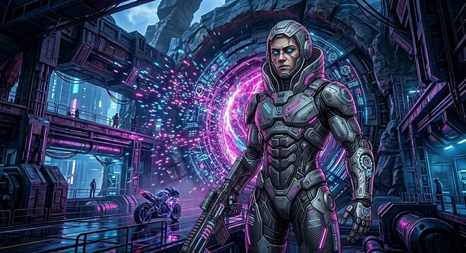 Futuristic Cybernetic Soldier Standing Before a Neon Portal