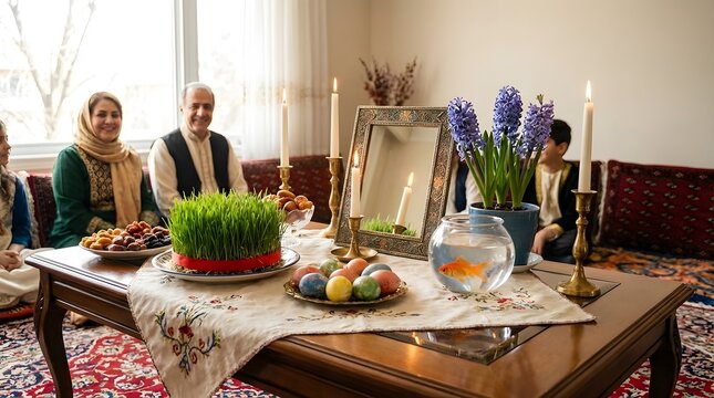A traditional Haft-Seen table is beautifully arranged with sabzeh, hyacinths, colorful eggs, goldfish, and candles, celebrating Persian New Year.