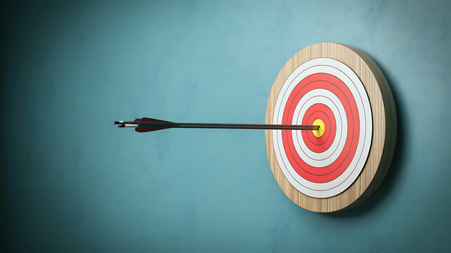 Arrow piercing red bullseye target on blue wall wooden target arrow shot precision target