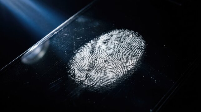 Fingerprint Evidence on Black Glass Surface, Forensic Science Investigation Detail, High Contrast Monochrome Study of a Human Thumbprint for Crime Scene Analysis and Biometrics