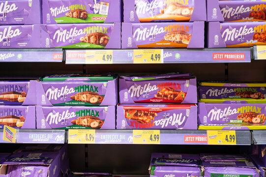 Milka Max chocolate assortment at store shelf in supermarket, price increase of sweets, inflation and sugar tax, Trier, Germany