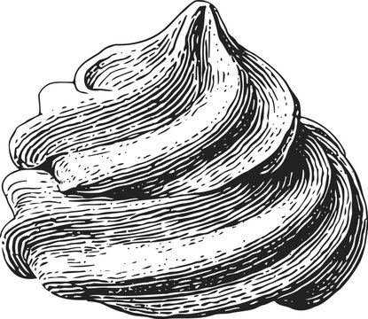 Whipped cream swirl vintage hand drawn vector drawing of creamy dessert topping with soft texture and smooth surface