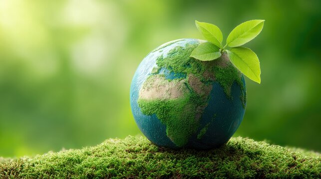 Green Planet with Leaf on Earth's Surface over Moss Background in Vibrant Nature Setting