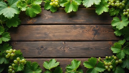 Fototapeta premium Rustic dark wood table surface framed by green grapevine leaves and light grapes. Offers natural organic copy space for menus, wine lists, or vineyard promotion.