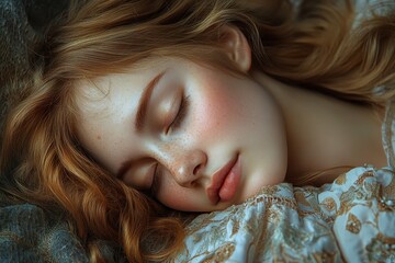Naklejka premium Beautiful young happy woman peacefully sleeping on soft fabric in a serene and cozy atmosphere during the early morning light