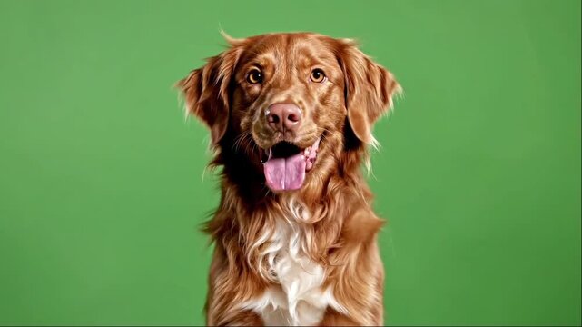 4K animation cheerful Nova Scotia Retriever sitting obediently and looking directly against chroma key green screen background.