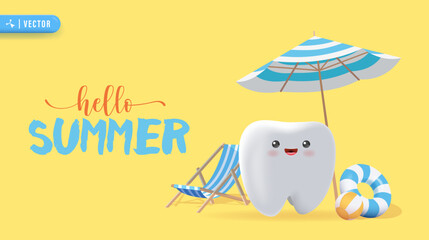 Obraz premium 3D Cute Tooth Character Relaxing on Beach with Umbrella Deck Chair and Float. Summer Vacation Dental Concept
