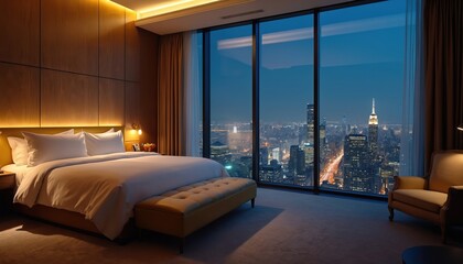 Naklejka premium Bedroom with large window offers amazing city night view. Luxurious hotel suite features yellow bed, soft indirect lighting, comfortable armchair. Perfect urban escape.