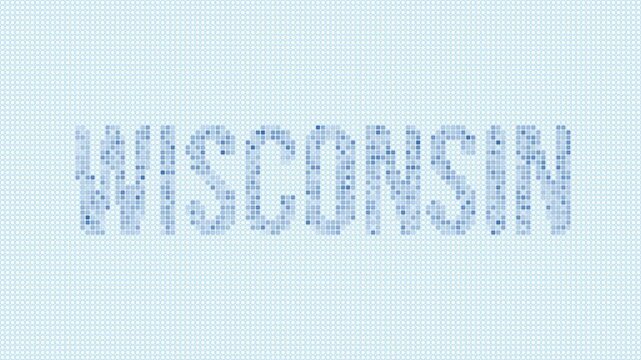 Wisconsin, United States dotted map animation. Digital style shape of the state. Wisconsin, United States shape and title dots appear with bulb flickering effect. Intro, outro, logo, title video.