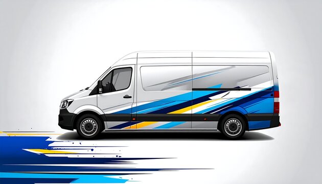 A side view depicts a white cargo van with stylized blue, yellow, and white graphic elements, against a gradient white background
