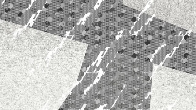 A seamless abstract design featuring interlocking hexagonal patterns with layered geometric textures in monochrome shades