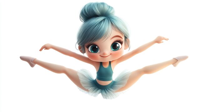 Whimsical Chibi Character Practicing Gymnastics Flexibility with Cute Mid Air Flip Pose Isolated on Clean White Studio Background