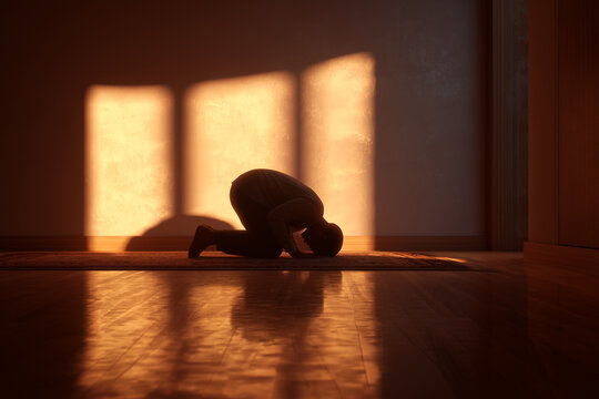 Prostration as a sign of gratitude, silhouette of a person in a prostration position in a quiet room.
