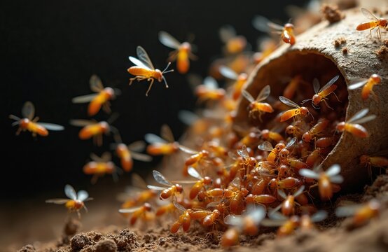 Termite swarm takes flight from earthen mound. Orange insects with translucent wings emerge from colony, airborne. Tiny bugs form group, natural habitat, close-up view.