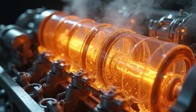 Internal combustion engine cylinder with glowing hot piston. Combustion gases leak past rings into oil, creating blow by effect. Transparent cutaway shows internal processes. Technical visualization.