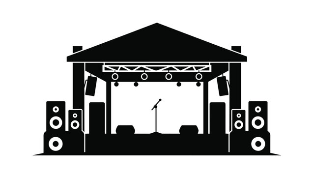 Black silhouette of an empty outdoor music stage featuring speakers, a microphone stand, and overhead lighting equipment for live events.