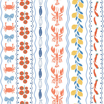 Italian la Dolce Vita vertical striped seamless pattern with lobsters, crabs, lemon, sardines, tomatoes, bows. Mediterranean summer print. Vector wallpaper, background, textile design, wrap paper.
