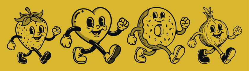 Retro mascot cartoon characters, groovy cartoons vintage rubber hose style. Vector illustration collection pack set of retro groovy cartoon character.  © Royalika