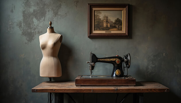 Vintage sewing machine and tailor mannequin on rustic wooden table. Old painting hangs on wall. Craftsmanship and dressmaking tools displayed in studio.