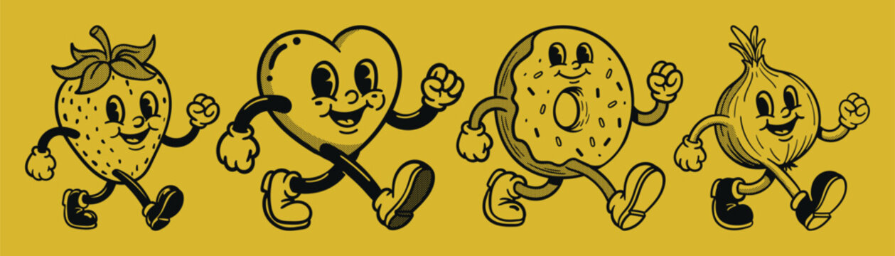 Retro mascot cartoon characters, groovy cartoons vintage rubber hose style. Vector illustration collection pack set of retro groovy cartoon character. 